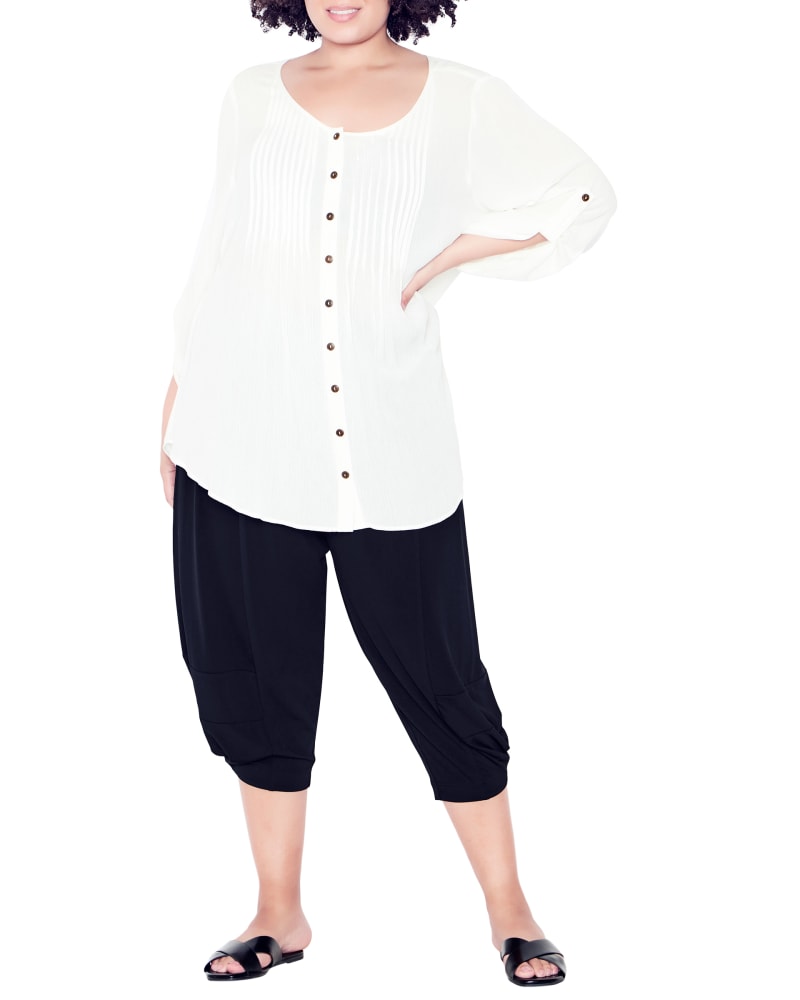 Front of a model wearing a size 14 PANT KENZIE DRAPE in Black by avenue. | dia_product_style_image_id:265980